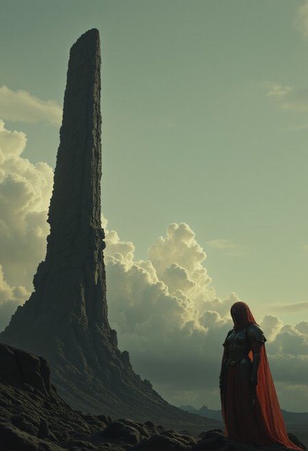 sci-fi-mod. The image is a digital artwork, a photorealistic, depicting a desolate, eerie landscape. The scene is set at dusk, with the sky transitioning from a soft, pale blue to a deeper, cooler hue, and the horizon lined with wispy, scattered clouds. The dominant feature in the image is a tall, jagged stone pillar, standing prominently in the center-left, its rugged, weathered surface and uneven texture stark against the sky. On the right side of the image, a knightess stands on a rocky, uneven ground. A woman, dressed in a Armor with a long, flowing Red robe that appears to be made of a dark, coarse translucent material, blending into the dark tones of the landscape.