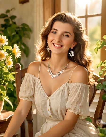 ameliagabs, Amelia Gabs, a radiant woman with cascading brown hair, adorned in delicate silver earrings and a captivating necklace, sits on an antique wooden chair, bathed in soft golden sunlight streaming through an arched window. Her gaze is fixed directly on the viewer, her lips curved into a warm, inviting smile. The background is a blur of lush green foliage and vibrant flowers in bloom, hinting at the beautiful garden surrounding the quaint cottage where she resides.