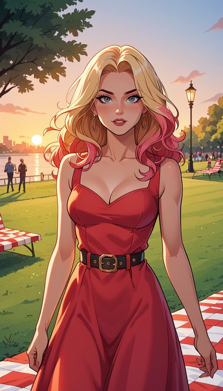 score_9, score_8_up, score_7_up, (Western Comics), girl, cute, seductive, innocent, large belt, coloured hair, floating hair, small tits, flirting, high detailed dress, (Picnic atmosfere), (public park), (sunset), (Cowboy shoot photo), (depth of field), (dynamic angle), (ultra detailed, high quality texture), (sharp), (artistic image)
