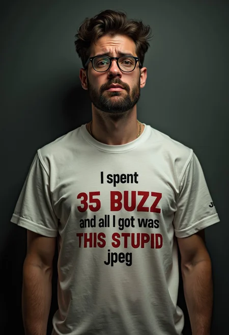 photorealistic sad looking, crying nerdy man wearing a tshirt that says "I spent 35 buzz and all I got was this stupid jpeg"