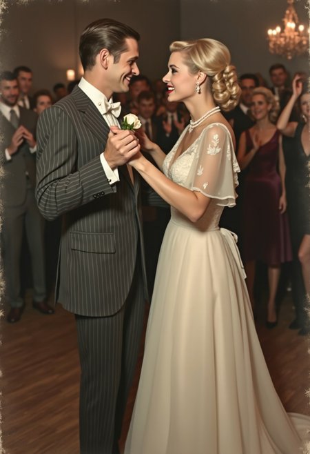 An old style, 1950s photograph of a young couple in their twenties on their wedding day. They are dancing in a smokey dance hell, with dolled up partygoers surrounding the dancing couple watching on happily and cheering. The bride is wearing a (dreamy A-line chiffon wedding dress, with a lace illusion neckline and flutter sleeves:1.4), her blond hair is in soft curls pinned back by pearls and she has on pearl earrings and a pearl necklace. She completes her look with classic sparkling heels and bold romantic makeup with bright red lipstick. She is slow dancing her first dance at the groom, looking up towards his handsome well groomed face and slick gelled back hair. He is wearing a (tailed charcoal grey pinstripe suit with white dress shirt, bowtie and silk pocket square:1.5), he completes his look with Brown brogues. The couple are very much in love, looking deep into each others eyes as they dance together. There is a slight bokeh effect on the photograph giving off the effect that their world is only each other. It is an old  photo, a sepia effect giving it a timeless quality, light bleed and high nose and grain from a developed photo kept lovingly on the wall over many years.