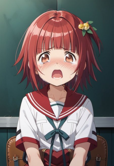 score_9, score_8_up, score_7_up, source_anime, akino kaede, red hair, brown eyes, short hair, 1girl, school uniform, tears, open mouth, solo, crying, serafuku, blush, crying with eyes open, hair ornament, blunt bangs, dark, red sailor collar, shirt