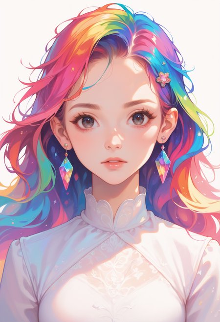 score_9, score_8_up, score_7_up, masterpiece, best quality, perfect anatomy, very aesthetic, ((outlined outlined vector graphics)),no norm,close up, front view,
, cute face, (glow eyes:0.8), looking at viewer, glittering, glimmering, pink theme,
1girl,20yo, rainbow hair, black eyes, log hair, hair pin,small breast, slender,(white thigh strap:1.1),(black clohtes:1.1),
, 
jewelry, earrings, parted lips,, long sleeve,black , action pose , expressionless, <lora:rainbow-hair-01-step00000800:1>