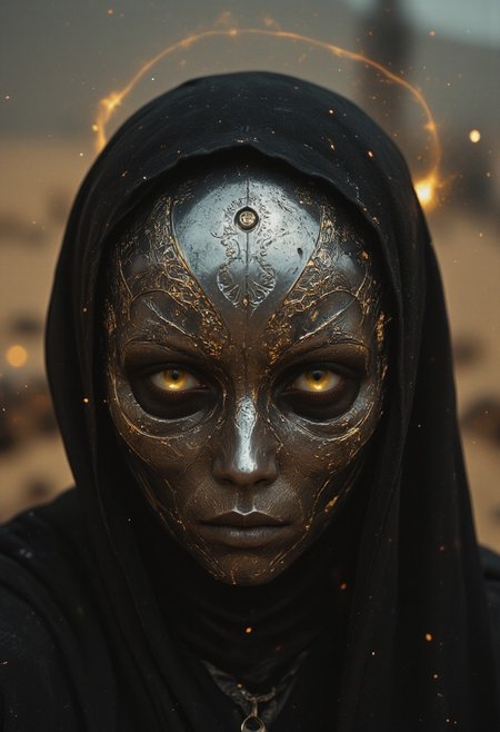 An extreme close-up of the nun’s face, framed by the intense, gritty realism of an old analog camera. The mechanical hknuns nun wears a detailed, ancient silver mask, its surface weathered and battle-scarred, yet intricately adorned with delicate engravings. The mask reflects the faint glow of divine energy, with radiant golden and white light flickering across its surface, highlighting every crevice and contour. Light shimmers and dances along the metallic surface, casting sharp contrasts between the glowing highlights and the deep shadows that fill the engraved details.
The eyes of the mask are hollow and eerie, yet there’s an ethereal light faintly pulsing from within, suggesting a divine power concealed behind the cold steel. Around her, the chaotic swirl of a dense, raging sandstorm blurs the edges of the image, creating an atmosphere of both serenity and violence. The violent storm is reflected in the shiny mask, capturing the dark, swirling sands while beams of holy light flicker from her weapon, illuminating her haunting presence in the middle of the storm.
