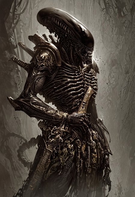 score_9, score_8_up, score_7_up, score_6_up, score_5_up, score_4_up,<lora:Fant5yP0ny:0.8>, xenomorphic creature from Lords of the Fallen, black templar armor, gold sword of Pieta, solo, gold eyes, blood on face, art by hr giger,