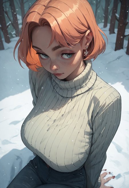 score_9, score_8_up, score_7_up, score_6_up, score_5_up, lhata4564, 1girl, sweater,  snow,