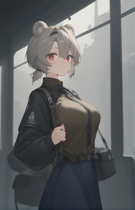 score_9,score_8_up,score_7_up,1girl,solo,light_blush,
<lora:Abstinthe-Pony-07:0.8>,
abstinthe-base,animal ears,bear ears,red eyes,short hair,brown hair,grey hair,bear girl,hair between eyes,short ponytail,large breasts,
bag,black necktie,brown shirt,black jacket,black pantyhose,blue skirt,grey hair,jacket,long sleeves,miniskirt,shoes,skirt,sneakers,
looking at viewer,train station,from side,close-up,