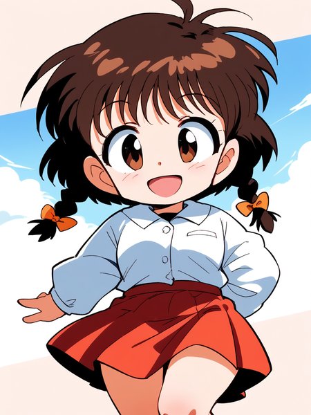 score_9, score_8_up, score_7_up, source_anime, rating_explicit, BREAK <lora:Shinba_Kurumi_XL:0.8>Shinba_Kurumi, brown hair, brown eyes, twin braids, hair bow, short hair, short stack, 
long sleeve, skirt, smile,
skyã