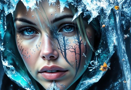 aidmaMJ6.1, darkcore, Jeddblexpsre,double exposure, ethereal. A close-up shot of a breathtaking young womanâs face, where her facial features are softly blended with an ethereal overlay of a misty winter forest . Her piercing blue eyes and delicate skin textures are visible through the translucent silhouette of the forest, creating a dreamy, surreal double exposure effect. The icy crystals on the hood of her light blue medieval cloak merge harmoniously with the natural elements. The soft lighting highlights both the woman and the superimposed scene, while shadows and highlights enhance the depth, giving the composition a balanced, thought-provoking appearance., <lora:FluxDFaeTasticDetails.safetensors:1.0:1.0> <lora:aidmaMJ6.1-FLUX-V0.2.safetensors:1.0:1.0> <lora:Flux DoubleExposure_epoch_1.safetensors:1.0:1.0> <lora:NebulaNexus_v1.safetensors:0.7000000000000001:0.7000000000000001>