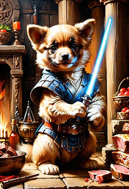 puppy wolverine Obi-Wan, grilling beef on light saber, 
Oil Painting, 
(Renaissance Paintings, Renaissance style, beautiful, painterly, detailed, textural, artistic),  (((intricate details, highly detailed, ultra-detailed, absurdres))), (unreal engine, octane rendering, Anti-Aliasing, sharp focus, natural lighting, high saturation, high contrast, vivid, vibrant, studio lighting, best texture quality), beautiful detailed scenery,
Style-Renaissance