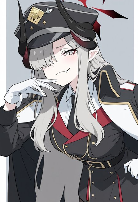 masterpiece, best quality, 1girl, solo, eyelashes, (beautiful eyes),     zzMakoto, horns, long hair, grey hair, demon horns, black horns, halo, multiple horns, pointy ears, grey eyes,    black coat, black headwear, black necktie, coat on shoulders, collared shirt, long sleeves, military uniform, white gloves, white shirt, black jacket,  leaning forward, smug, close up, portrait, fang,   <lora:HanumaMakotoBlueArchive_IXL_v1:1.0>,