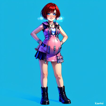 score_9, score_8_up, source_anime, highly detailed, 1girl, solo, kairi, 1girl, solo, blue eyes, zipper, jewelry, boots, dress, necklace, short hair, red hair, pink dress, zipper pull tab, pleated dress, short dress, pregnant, hyper_preg, exhausted, heavy breathing, blushing, hands on hip, looking at viewer, facing forward,