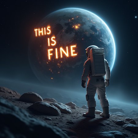 A photo of an astronaut and the Earth, with the astronaut holding his head,
There are big burning letters on the earth "This is fine.",
Very realistic and high-definition, full of details and imagination,