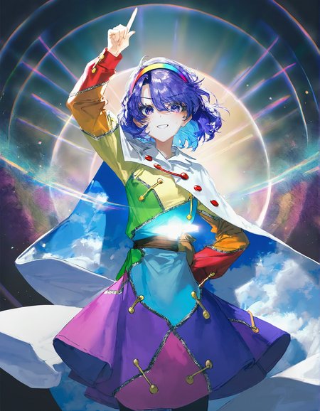 tenkyuu_chimata, 1girl ,rella, quasarcake:0.7, rolua, optical illusion, negative space, saturday_night_fever,blue_hair, breasts, cape, hairband , looking_at_viewer ,multicolored_hairband, pantyhose, purple_eyes ,short_hair ,smile, solo, sweat ,white_cape, disc,  disco,CDs, arm_up , hand_on_own_hip, index_finger_raised, outstretched_arm ,
<lora:illustrious_noobai_epsilon_pred_1_best_quality_v1:0.7> ,<lora:illustrious_noobai_epsilon_pred_1_masterpieces_v1:0.7>, <lora:ponyv4_noob1_2_adamW:0.5>, <lora:add_details_xl:0.7>,
masterpiece, best quality, amazing quality, very aesthetic, absurdres, newest, <lora:CDs_SDXL:1>