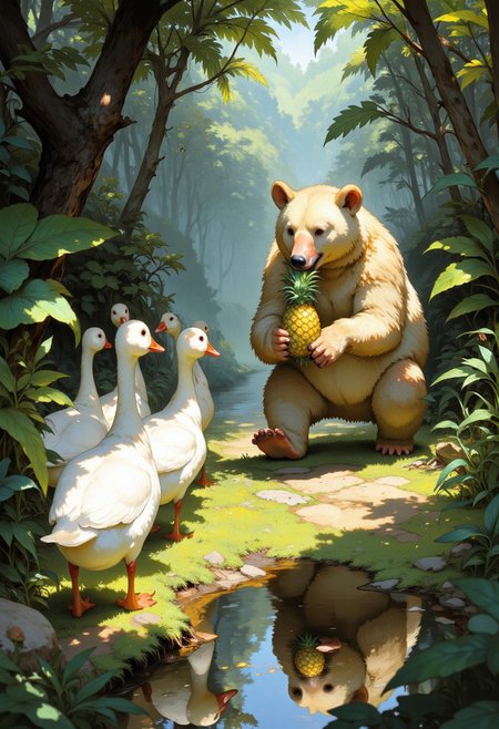 a secluded tropical grove,  group of white geese walking in a single file along, reflection, one beautiful shadowed grizzly bear with long fur is eating a pineapple, bear paws, bear ears, lush vegetation, botanical garden, foliage, glowing, soft pastel colors, best quality, double exposure, realistic, whimsical, fantastic, splash art, intricate detailed, hyperdetailed, maximalist style, photorealistic, concept art, sharp focus, harmony, serenity, tranquility, mysterious glow, soft colors, ambient occlusion, halation, cozy ambient lighting, dynamic lighting, masterpiece, award winning, DB4RZ, DB4RZ style painting, digital illustration, anime, illustrious_style