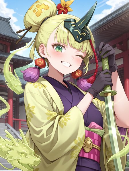 no-p.u.n.k. deer note,1girl,one eye closed,solo,smile,looking at viewer,blush,hand on hilt,green hologram katana,reverse grip,grin,single hair bun,upper body,teeth,black gloves,red hair ornament,purple tassel earrings,black horn headpiece,green haori,purple sleeveless kimono,pink sash,green hologram east dragon,east asian architecture, egasumi
masterpiece,best quality,amazing quality,very aesthetic,absurdres,newest,<lora:No-P.U.N.K. Deer Note illusXL v1:0.75>,