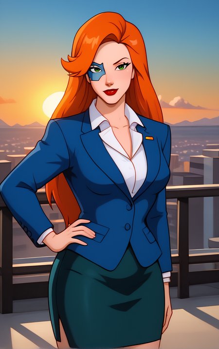 score_9, score_8_up, score_7_up, looking at viewer,  BREAK
SkirtSuit_FoxXanatos_ownwaifu, 
1girl, eye mask, facial tattoo, green eyes, long hair, orange hair, lipstick, makeup, red lips, 
formal, collared shirt, suit, white shirt, pencil skirt, blue jacket, miniskirt, skirt suit,
(contrapposto, hand on hip), sunset, sidelighting, cityscape, outdoors, <lora:PONYXL_Gargoyles_FoxXanatos_ownwaifu:1> , depth of field, solo,