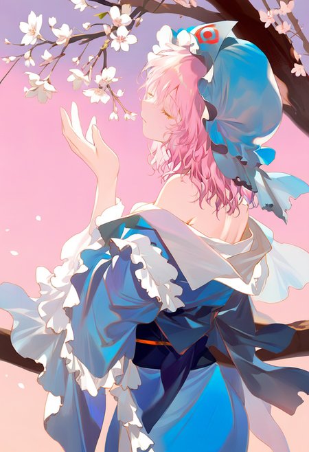 1girl, solo, saigyouji yuyuko, pink hair, hat, off shoulder, japanese clothes, blue kimono, branch, mob cap, flower, kimono, pink background, blue headwear, bare shoulders, triangular headpiece, frills, long sleeves, upper body, wide sleeves, short hair, closed eyes, hand up, cherry blossoms, white flower, medium hair, hands up <lora:reiXL_il_lokr_V53P1:0.95>