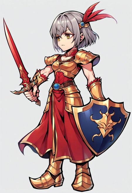 score_9,score_8_up,score_7_up,score_6_up, lu lingqi, short hair, grey hair, armor, head armor, feathers, brown eyes, sword, shield, holding sword, holding shield, operaomniastyle, full body, white background,   zPDXL3,