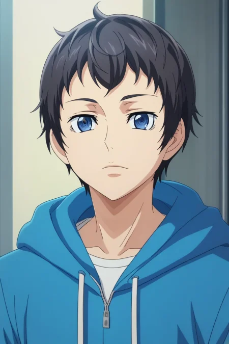 score_9, score_8_up, score_7_up, , rating_safe, intricate details, anime screencap, anime coloring, , looking at viewer, , 1boy, solo, male focus, <lora:tomoki_sakai_pony:1>, tomoki_sakai, black hair, blue eyes, short hair, , hoodie,, <lora:sdxl_lightning_8step_lora:1>