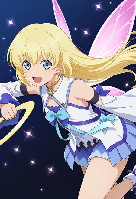 gradient background, dark blue background, particle effects, 
BREAK,
open smile, holding chakram, action pose, dynamic pose, yelow chakram,
cowboy shot, dynamic angle,
BREAK,
<lora:coletteX2_illustriousXL_v07:0.9>
fairy wings, pantyhose, wings, transparent wings, pink wings, 
coletteast, blonde hair, blue eyes, long hair, hair between eyes, 
white dress, blue skirt, bare shoulders, detached sleeves, ribbon, wide sleeves, detached collar, short dress,
footwear ribbon, white footwear, bare legs,, source_anime, very aesthetic, anime coloring, masterpiece, 
best quality, amazing quality, ultra detailed, very aesthetic, 
detailed background, 
BREAK,