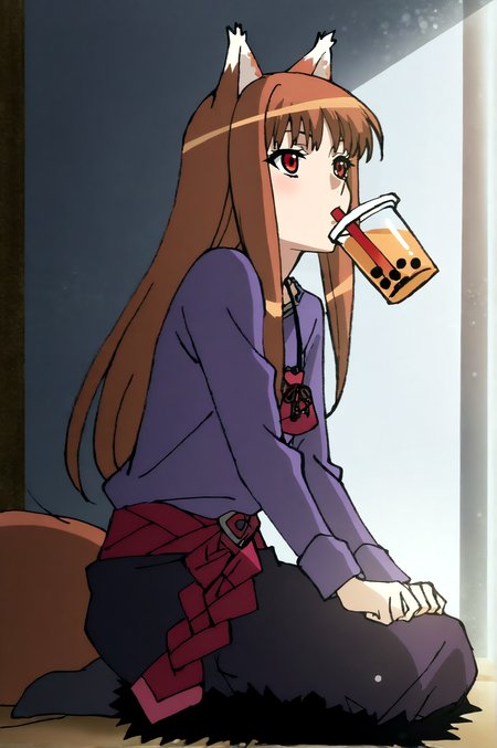 masterpiece, best quality, dark grey background, indoors, cinematic lighting, lens flare, amazing quality, very aesthetic, absurdres, best quality, newest, year 2023,  Holo, main outfit, sitting, solo, sitting, indoors, drinking, bubble tea, full body,  <lora:JN_Holo_Illus:0.8>