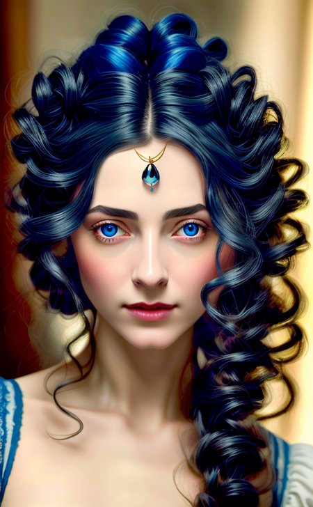 a detailed moiraine damodred, woman,  black ringlet hair, (blue jewel ornament:0.9)

realism, uhd, 8k, <lora:Moiraine Damodred_04-09:0.9>