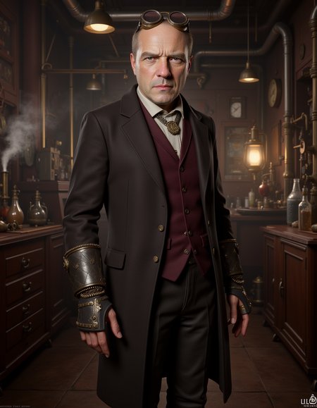 Ha_nk_Break_Bad_2025 - Victorian Steampunk Laboratory
This is a highly detailed CGI rendering of a man's three-quarter view, set in a cluttered Victorian-era steampunk laboratory filled with gears, pipes, and bubbling beakers. The subject is a middle-aged, bald man with a pale, weathered complexion, a furrowed brow, and a cold, calculating gaze.
He is wearing a tailored, dark maroon waistcoat with brass buttons over a crisp white shirt. A pocket watch chain dangles from his vest, and his sleeves are rolled up to reveal intricate mechanical gauntlets on his forearms. Goggles rest on his forehead, and his boots are polished but scuffed from hours of tinkering. The background is alive with the hum of machinery, steam rising from pipes, and the glow of a flickering gas lamp. <lora:Ha_nk_Break_Bad_2025:1.0> <lora:AntiBlur:1.0>