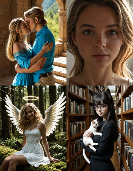 https://civitai.com/articles/5300 __ 1st image: score_9, score_8_up, score_7_up, 1girl, 1boy, Princess_Zelda, \(The_Legend_of_Zelda:_Breath_of_the_Wild\), standing, kiss, hug, closed_eyes __ 2nd image: score_9, score_8_up, score_7_up, 1girl, lovely face, portrait, close-up, looking_at_viewer, closed_mouth __ 3rd image: score_9, score_8_up, score_7_up, 1girl, solo, blonde_hair, wavy_hair, angel, angel_wings, halo, smile, sitting, forest, white_dress __ 4th Image: score_9, score_8_up, score_7_up, 1girl, solo, long_hair, black_hair, blunt_bangs, straight_hair, round_eyewear, cat_girl, cat_ears, cat_tail, standing, hug cat, looking_at_viewer, library