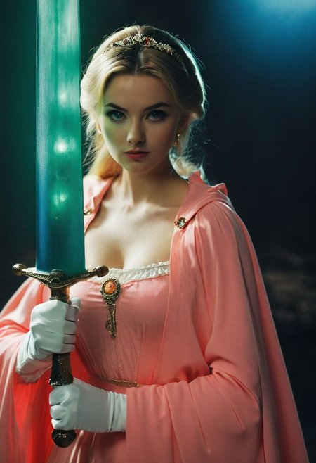Closeup, Vintage 80s Princess Peach, Adorned in a mask and cape reminiscent of D'Artagnan's era, a skilled Zorro busty swordswoman looking serious to viewer, moonlight greatsword ,holding sword, Neon translucent sss weapon,, her eyes gleaming with triumph. 
atmospheric haze, Film grain, cinematic film still, highly detailed, high budget, cinemascope, moody, epic, OverallDetail, gorgeous, 2000s vintage RAW photo, photorealistic, candid camera, color graded cinematic, eye catchlights, atmospheric lighting, skin pores, imperfections, natural, shallow dof