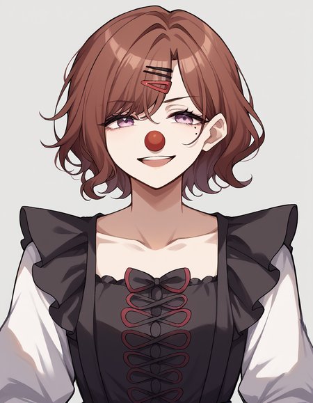 score_9, score_8_up, score_7_up, source_anime, <lora:madoka-higuchi-ponyxl-lora-nochekaiser:1>, madoka higuchi, brown hair, eyebrows hidden by hair, grey background, hair ornament, hairclip, mole, mole under eye, purple eyes, short hair, wavy hair,, <lora:clown-ponyxl-lora-nochekaiser:1>, clown, makeup, clown nose, facepaint, gloves, long sleeves, frills, dress,, smile, open mouth, smug,, cowboy shot