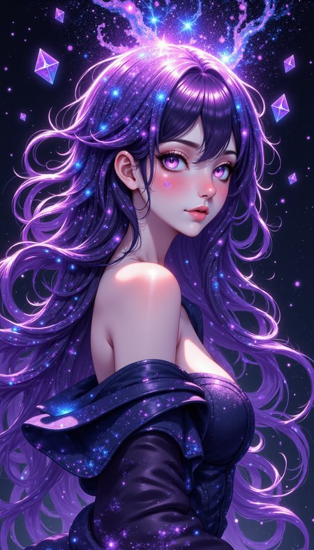 pinkmysticanime,
An ethereal figure with flowing galaxy hair, each strand shimmering with constellations, in a palette of deep purples, blues, and touches of gold. Her expression is serene, her eyes a gateway to the cosmos. Textured with molecular patterns and gemstone-like accents, with volumetric lighting to emphasize her radiant beauty. Inspired by Dan Mumford's intricate designs and Vanessa Barragao's surreal elements.
