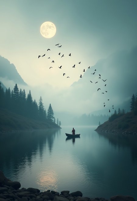 This image is a hyper-realistic cinematic photogrpah featuring a stylized landscape scene. The photo is divided vertically into three sections. The left section is dominated by a calm lake with a small boat and a monk standing in it, the lake reflects the surrounding scenery, the shores of the lake disappear into thick fog. The middle section showcases a moon, positioned near the top of the image, creating a dramatic contrast with the sky above. A flock of birds is depicted flying towards the moon, adding a sense of movement and depth. The right section features a large transparent sphere. <lora:Dark_side_of_light:0.55>