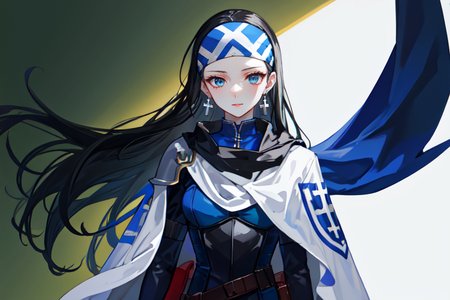 highly insanely detailed, masterpiece, top quality, best quality, highres, 4k, 8k, RAW photo, (very aesthetic, beautiful and aesthetic),  
beth_\(megami_tensei\),bethsmtii,shin megami tensei ii,long hair,black hair,straight hair,sleek black,jewelry,cross,headband,red_lipstick,white cape,cape_with_messian_symbol,Religious_cape,messian_symbol_cape,holy_knight_cape,bandana_with_messian_symbol,Religious_bandana,symbol_headband,messian_church_bandana,Blue_dress,armored_corset,blue shirt,messian_cross_earrings,cross_earrings,religious_earrings,messian_symbol_jewelry,white footwear,belt,belt pouch,holy_knight,holy_knight_armor, 
<lora:zs_Beth:0.5>, 
(1girl:1.3), 1other, 
camouflage green background,âââ