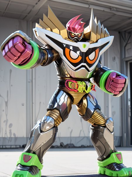 masterpiece, best quality, amazing quality, very aesthetic, absurdres, newest,shiny skin,    <lora:exaid99:1>exaid99, armor, 1boy, clenched hands, tokusatsu, looking at viewer, standing, robot, orange eyes, helmet fighting stance,