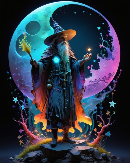 (wizard casting a spell:1.9), colorful organic bioluminescent patterns, full body, stars, moon, (vivid neon colors:1.2), transparency, hauntingly beautiful, hyperrealistic, ultra resolution, professional photo, <lora:add-detail-xl:0.8>,  <lora:xl_more_art-full_v1:0.5>,   <lora:Jean-Baptiste Monge Style:0.1> Jean-Baptiste Monge Style page