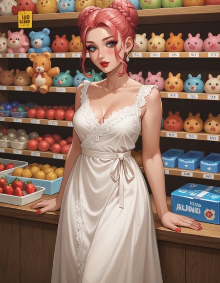 Role-playing game (RPG) style fantasy score_9, score_8_up, score_7_up, score_6_up, score_5_up, score_4_up, hud_s1lk_ngwn, 1girl, makeup, lipstick, solo, Strawberry Blonde locks twisted into an artistic braided bun.,  sleeveless white dress, lace trim, breasts, <lora:silk_nightgown:0.7> , A vibrant, contemporary toy store, filled with a variety of modern, educational toys and a playful, friendly atmosphere . Detailed, vibrant, immersive, reminiscent of high fantasy RPG games