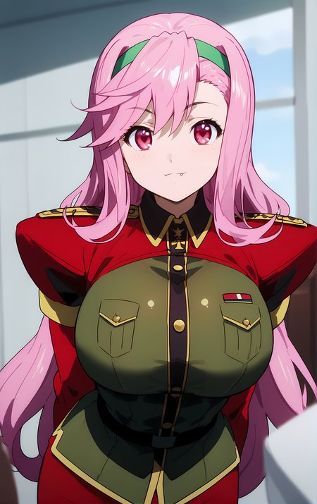 (score_9, score_8_up, score_7_up), standing, leaning forward, looking at viewer, light smile, closed mouth, shiny skin, tight clothes,
ohwx, 1girl, solo, pink_hair, long_hair, hairband, pink_eyes, red eyes, heart, fang, fang_out, breasts, large_breasts,
uniform, military_uniform, military, skirt,
bedroom,
cowboy shot, dutch angle, close-up,
 <lora:shiria_ootsuka_pony_ss:1>