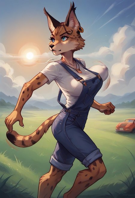 score_9, score_8_up, score_7_up, high quality, 1girl, Anthro creature ,Miyu Swift,farmer,solo,immature,adult,tall,mature,skinny,slim,necklace,tail,shirt,overalls,denim,short pants,looking front,looking other side,indoor,female,running,faster runner,running pose,outdoor,sun,grass,field,sky,side view,bouncing breast