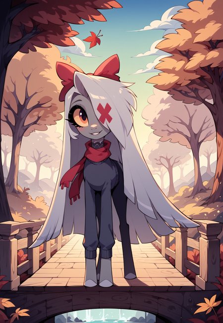 masterpiece, score_9_up, score_8_up, score_7_up, score_6_up, score_5_up, source_anime, (best quality:1.1), ultra-detailed, high resolution, solo, highly detailed macro illustration, mlp style, doe, feral, xvaggiex, hooves, white mane, very long mane, colored sclera, hair over one eye, (cute expression, cute face:1.1), warm sweater, scarf, outside, early morning, standing on a wooden bridge over a stream, autumn forest, leaves falling, mist in the air, Highly Visible, 8k, sharp focus, perfect lighting, anatomically correct, extremely detailed, soft diffused light, peaceful surroundings, high detail, serene and quiet, Expressiveh, detailed background, OverallDetail, OverallDetail, Expressiveh, zPDXL3