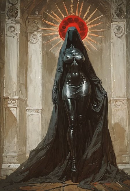 ((score_9, score_8_up, score_7_up)), (((character design, sci-fi warrior women, feminine power, perfect anatomy))), 
An enigmatic figure of a (satanic)nun(caucasian), her red and black (seamless)habit skintight sexy, conducting a sensual satanic ritual inside a dark cathedral during night under a red eclipse. Her (eyeless)mask, (fully)conceals her identity, adding to her mystique and allure., latex stiletto platform thigh boots, huge breasts tiny waist, naughty, looking at viewer, seducing with her body, dancing towards viewer with her arms extending up, sexy ass seductive wide hips, butt cheeks, twerk, huge perky breasts, in the style of a vintage, high-contrast setting. Emphasize theatrical elements with bursts of bright colors against dark, moody backgrounds
,big butt, booty, bubble butt, <lora:add-detail-xl:2>