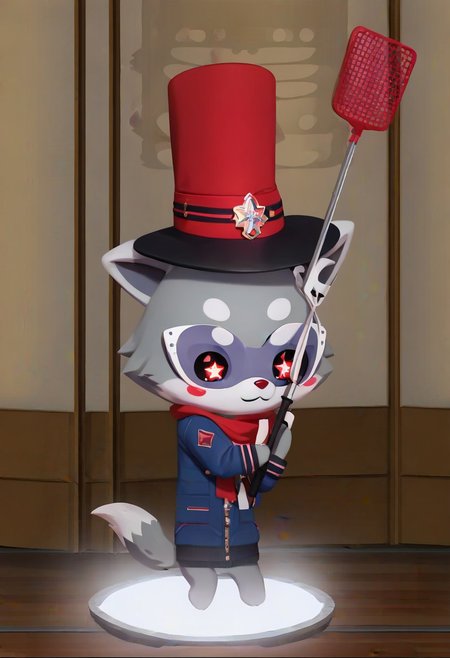 Super Animal Royale, detailxl, score_9, score_8_up, score_7_up, score_6_up, score_5_up,, detailed eyes, detailed face, detailed hands, top down full body view,  NightScapes, wolf, cozy atmosphere, creative light overlay, 4k, masterpiece, (masterpiece), best quality, (4K), (cinematic lighting), highly detailed, 8K, UHD, ultra detailed, immersive picture, vivid colors, volumetric light, cinematic light, extremely detailed CG, fox is wearing a jacket and a hat while holding a flyswatter