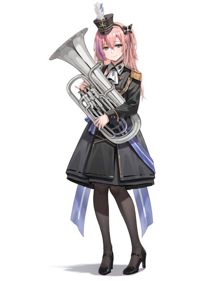 Volumetric Lighting, (masterpiece), (best quality), (ultra-detailed), masterpiece, source_anime, score_9, score_8_up, score_7_up BREAK, illustration, disheveled hair, detailed eyes, perfect composition, moist skin, intricate details, detailed eyes, detailed face, detailed fingers BREAK, blue eyes, pink hair, one side up,streaked hair,long hair BREAK, BreezeOnASpringDay,instrument, holding instrument, BOSD_hairband, BOSD_hair_bow, BOSD_shako_cap, BOSD_pantyhose, BOSD_epaulettes, BOSD_high_heels, BOSD_uniform, BOSD_dress BREAK, ((white background)), looking at viewer, smile, full body, shadow, hair between eyes