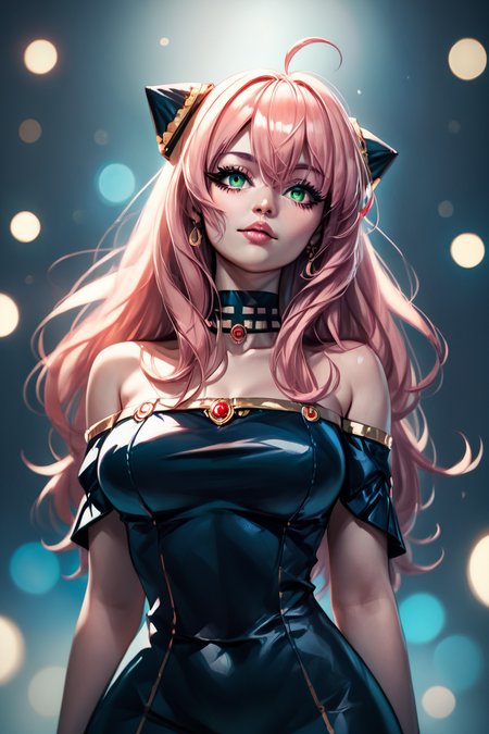 score_9, score_8_up, score_8, medium breasts, (curvy), cute, eyelashes, solo,      ,,,  zzAnya, green eyes, hair between eyes, ahoge, pink hair, long hair, hair ornament, hairpods,  gold hairband,hair flower, black choker, black dress,sleeveless,off shoulder, floral print, fingerless gloves, black footwear,thigh holding dagger,  ,<lora:AdultAnyaPDXL:1.0>,  ,,,BREAK,  (ultra realistic,32k, masterpiece:1.2),(high detailed skin:1.1),( high quality:1.1), head tilt, lips, closed mouth, shiny clothes, (upper body), looking at viewer, bokeh, luminescent background, ,,, embedding:zPDXL, Expressiveh, ,,, <lora:RlAnmPDXL:1.0>,