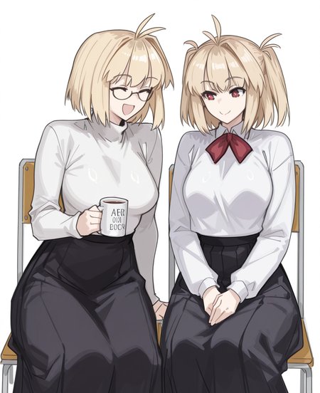 <lora:jonyeld:1> jonyeld,
(masterpiece), (best quality), (ultra-detailed), amazing quality, very aesthetic, illustration, perfect composition, intricate details, absurdres, incredibly absurdres, shiny skin, realistic,
 jonyeld, arcueid brunestud, sweater, blonde hair, multiple girls, red eyes, 2girls, smile, turtleneck, skirt, glasses, closed eyes, chair, long sleeves, breasts, short hair, , open mouth, black skirt, brown hair, simple background, antenna hair, sitting, shirt, red bow, long skirt, white shirt, two side up, turtleneck sweater, bow, red bowtie, closed mouth, bowtie, white background, collared shirt, cup, d, hair intakes, school uniform, arcueid brunestud, general