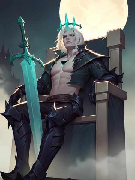 score_9, score_8_up, score_7_up, BREAK, Viego, 1man, solo, white hair, emerald halo crown, black wound in chest, high collar, short black jacket, black armored gauntlets, black pants, black armored boots, emerald sword Zweihander in hand, sitting on throne in shadows, midnight, moon, fog around, green mist around, arrogant look <lora:ViegoNormal:1>