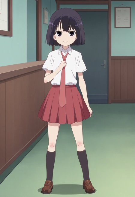 score_9, score_8_up, score_7_up, score_6_up, score_5_up, score_4_up , anime coloring ,BREAK source_anime, anime,screencap,
 1girl, solo, aratas, school uniform, white shirt, necktie, black kneehighs, black eyes, kneehighs, red skirt, brown loafers, <lora:PonyXL Arata Sagimori V1:1>
indoors,
smile, looking at viewer,