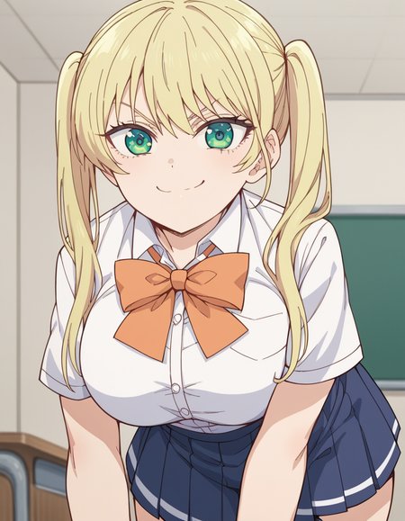 score_9, score_8_up, score_7_up, source_anime, <lora:rika-hoshizaki-s2-ponyxl-lora-nochekaiser:1>, rika hoshizaki, green eyes, blonde hair, twintails, large breasts,, skirt, shirt, bow, school uniform, white shirt, short sleeves, pleated skirt, bowtie, blue skirt,, indoors, bent over, smile, smug, looking at viewer, solo,, cowboy shot, dutch angle