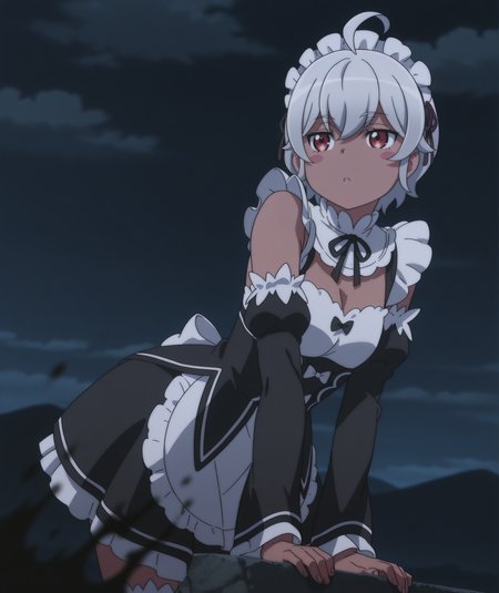 official art, absurdres, highres, anime coloring, hi res, best quality, masterpiece, 2d, intricate details, 4k,
1girl, solo, female, nose, blush stickers, short hair, red eyes, ahoge, white hair, grey hair, dark skin, dark-skinned female, 
maid, maid headdress, maid apron, roswaal mansion maid uniform, detached sleeves, lace, lace trim, cosplay, alternate costume,
cowboy shot, contrapposto, leaning forward, arm support, 
(night, darkness, black theme:1.3), depth of field, mountainous horizon, black background, cloud, cloudy sky, <lora:Eris_(Character)_ILXL:1>,