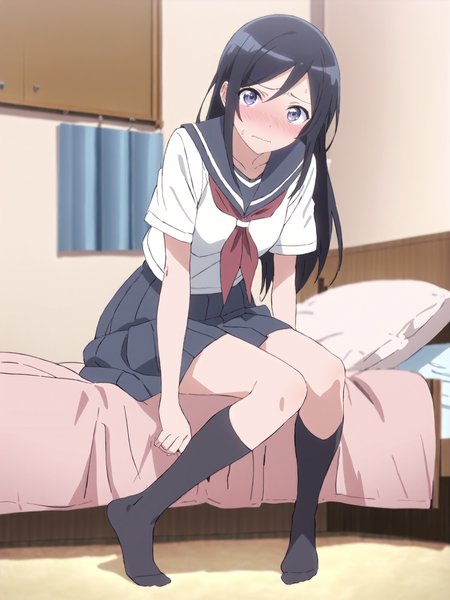 masterpiece, high score, great score, absurdres, anime screenshot, anime coloring,  <lora:Char-Aragaki_Ayase-V1-SDXL:1:hr=0.7>, 1girl, aragaki ayase, solo, serafuku, blue pleated skirt, red neckerchief, black socks, looking at viewer, embarrassed, blush, wavy mouth, sitting on bed, full body, bedroom, indoors, blurry background
